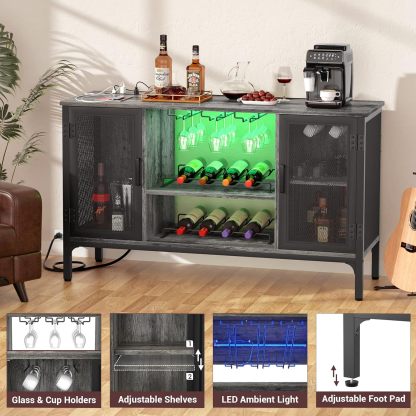 Homieasy Gabinete de Bar de Vino con Tomas de Corriente y Luces LED, Gabinete Industrial para Licor con Estantes de Vino Ajustables, Gabinetes de Estación de Café con Almacenamiento para Cocina/Hogar