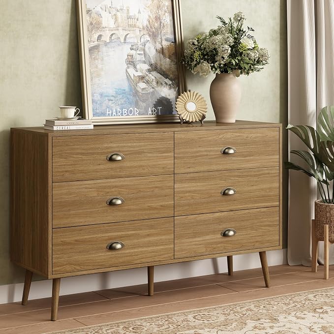 Cómoda de 6 Cajones para Recámara - Cajonera de Madera con Tiradores de Metal, Mueble de Almacenamiento Organizador para Dormitorio, Sala de Estar, Entrada 