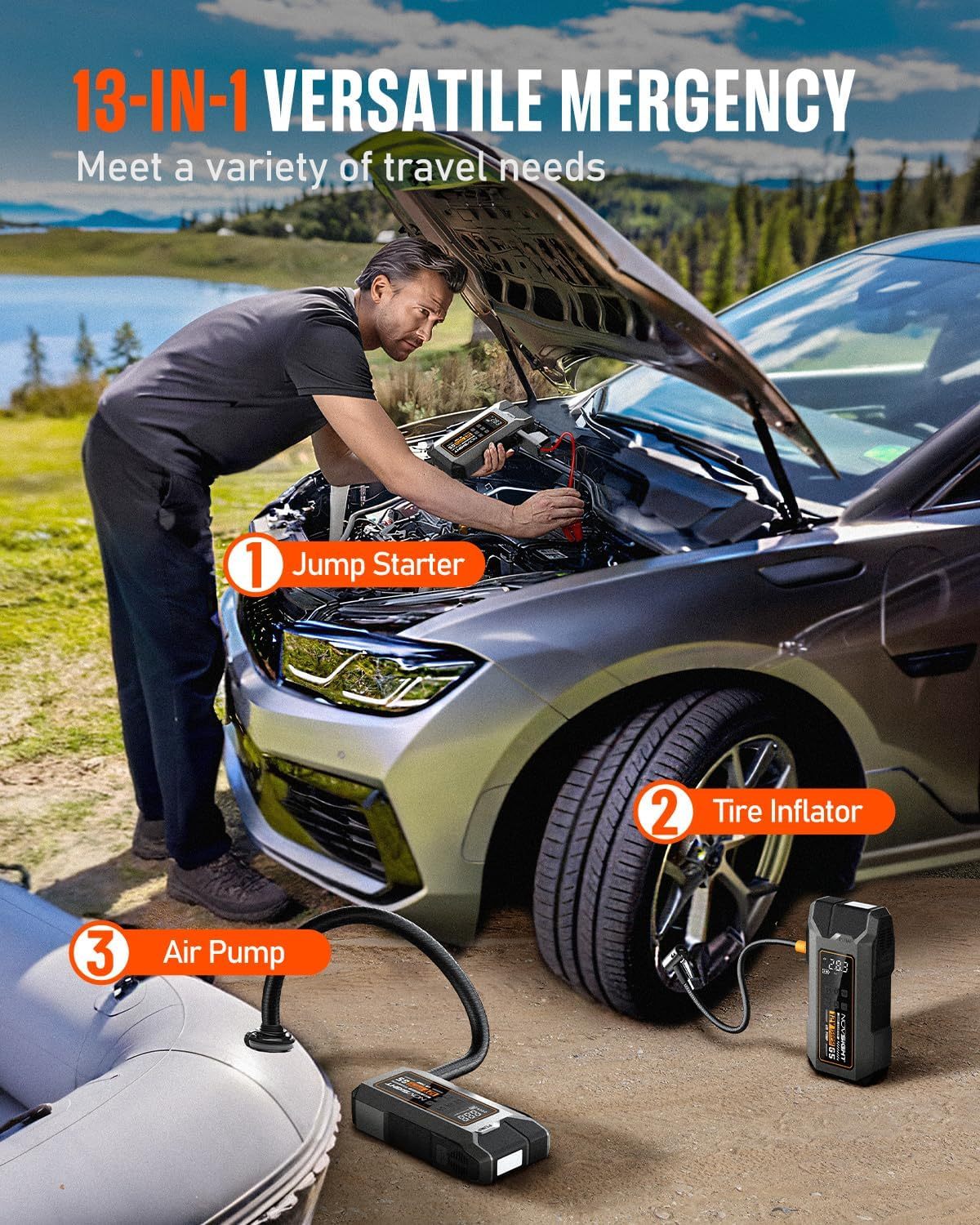 NOVSIGHT - Arrancador de arranque con compresor de aire, caja portátil de 6000 A, 13 en 1 para batería de coche, paquete de alimentación de arranque de 12 V (todo gas / 10 L) inflador de neumáticos de