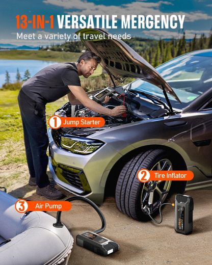 NOVSIGHT - Arrancador de arranque con compresor de aire, caja portátil de 6000 A, 13 en 1 para batería de coche, paquete de alimentación de arranque de 12 V (todo gas / 10 L) inflador de neumáticos de