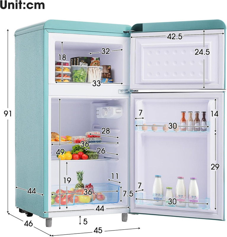 Refrigerador Retro Doble Puerta — 72L, Congelador 21L, Clase E, LED, 39 dB