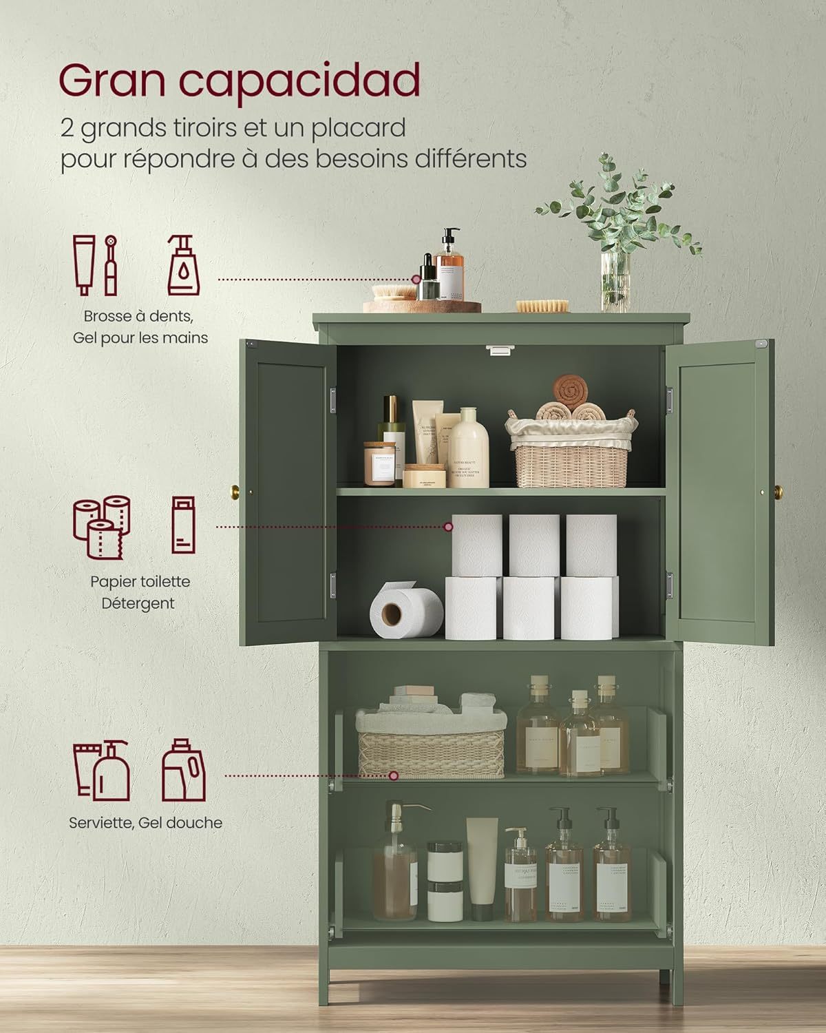 VASAGLE Mueble de Baño, Armario de Baño, Armario de Cocina, con 2 Puertas y 2 Cajones, Estantes Ajustables, 30 x 60 x 110 cm, Gris Paloma MBBC551G02