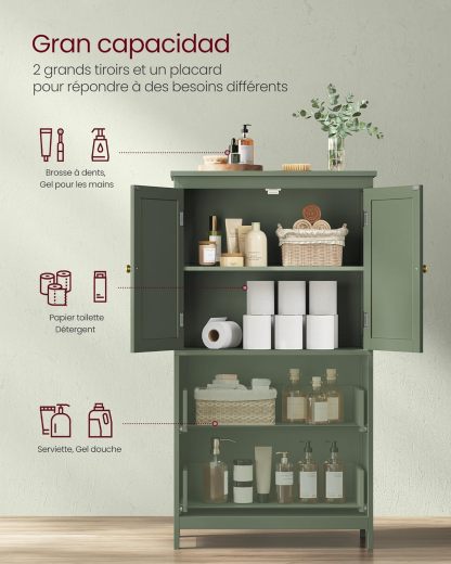 VASAGLE Mueble de Baño, Armario de Baño, Armario de Cocina, con 2 Puertas y 2 Cajones, Estantes Ajustables, 30 x 60 x 110 cm, Gris Paloma MBBC551G02