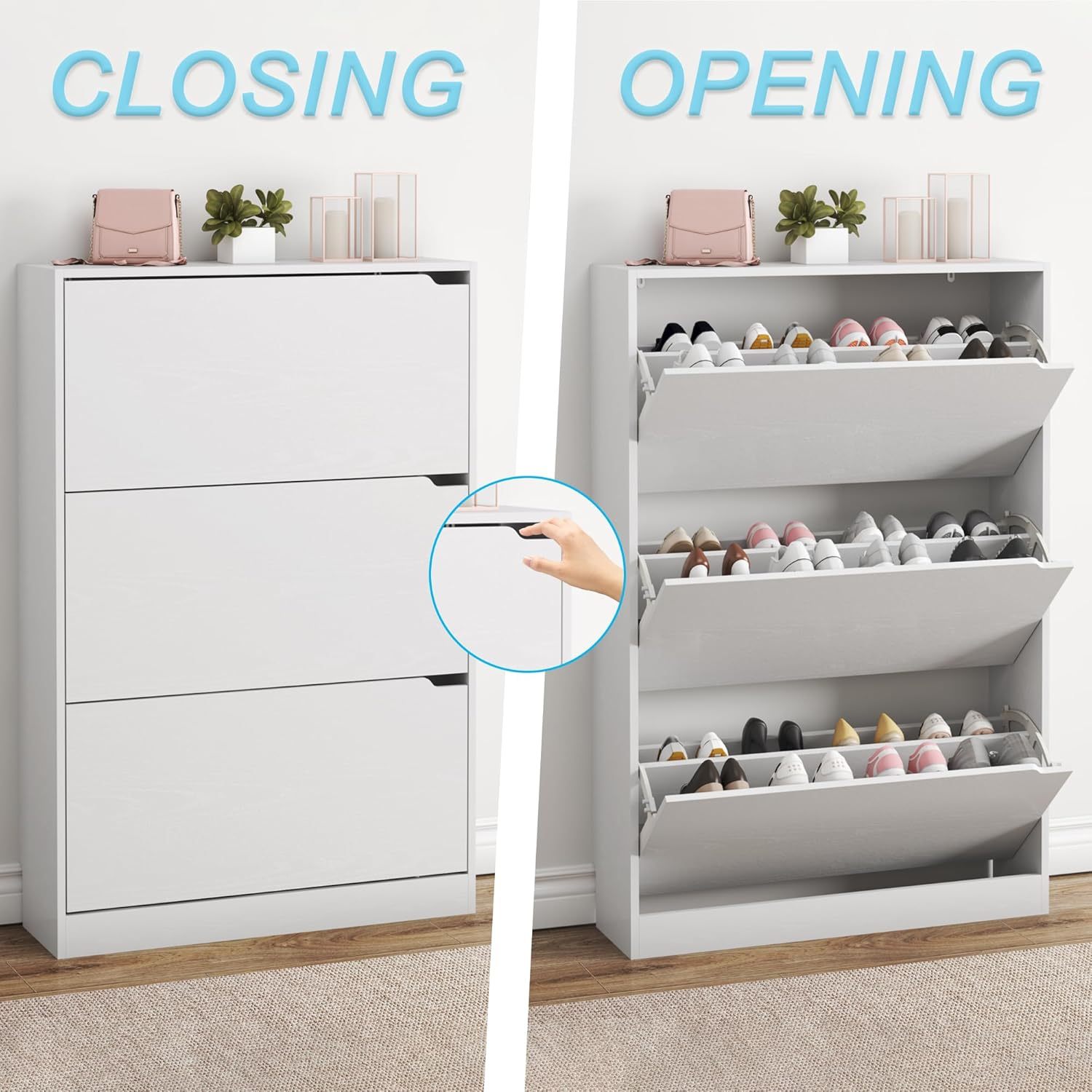 clóset de zapatos con 3 cajones abatibles, clóset de madera oculto, clóset de almacenamiento de zapatos no empotrado para entrada, pasillo, color blanco 47 pulgadas de alto x 31.5 pulgadas