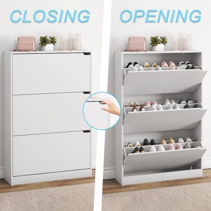 clóset de zapatos con 3 cajones abatibles, clóset de madera oculto, clóset de almacenamiento de zapatos no empotrado para entrada, pasillo, color blanco 47 pulgadas de alto x 31.5 pulgadas