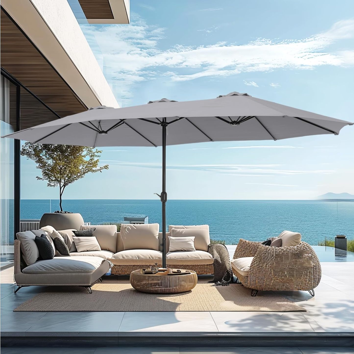 [Luz LED] Phivilla Home Sombrilla grande para patio exterior de 15 pies con base – Opción de luz LED, doble cara, manivela, impermeable
