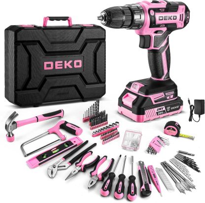Juego de herramientas de taladro rosa: caja de herramientas de taladro eléctrico inalámbrico de 20 V con batería, taladro eléctrico para hombres, reparación de mano, caja de herramientas básicas
