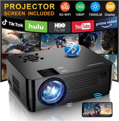 Proyector nativo 1080P con Wifi y Bluetooth, proyector de películas Full HD de 15000LM que incluye pantalla y bolsa de transporte, proyectores 4K compatibles con HDMI/USB/teléfono/portátil, para el hogar, dormitorio y exteriores.
