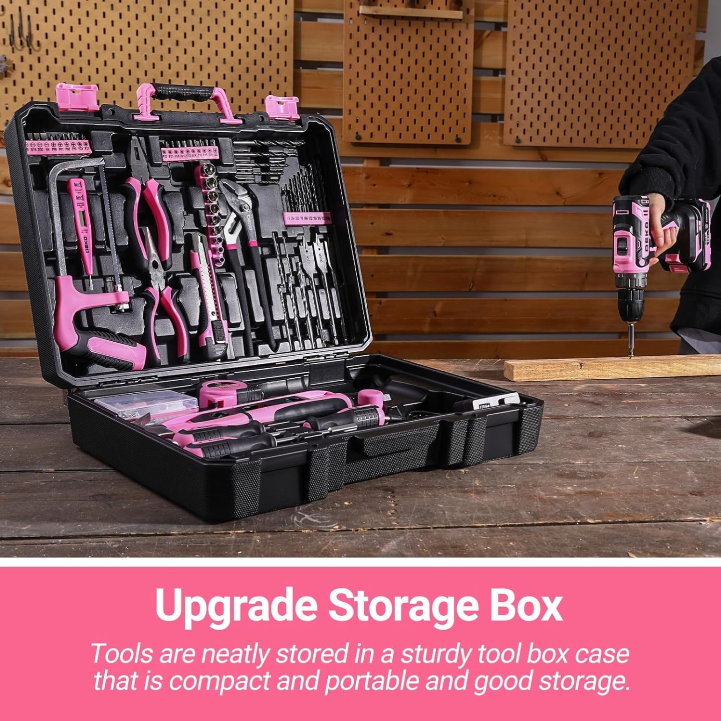Juego de herramientas de taladro rosa: caja de herramientas de taladro eléctrico inalámbrico de 20 V con batería, taladro eléctrico para hombres, reparación de mano, caja de herramientas básicas