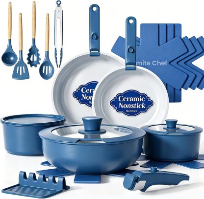 Juego de ollas y sartenes antiadherentes Umite Chef, juego de 21 piezas de cerámica para cocina con mango desmontable, utensilios de cocina antiadherentes y saludables para inducción, aptos para lavavajillas y caravanas, aptos para horno, apilables, color