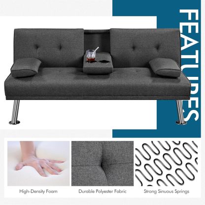 Yaheetech - Sofá cama convertible de tela de lino reclinable, con portavasos y reposabrazos extraíbles, soporta 350 kg