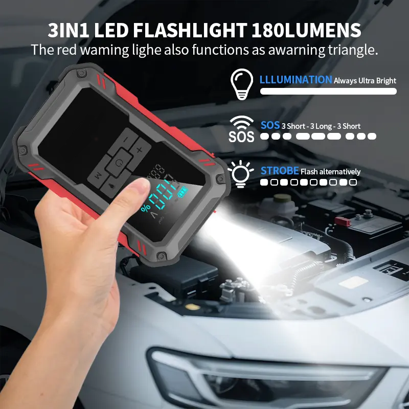 Arrancador de batería ultraseguro de 15000 mAh: Arranca vehículos con batería de 12 V. Incluye compresor de aire de 150 PSI, carga rápida de 45 W, medidor de presión de neumáticos y luz LED. Incluye cables de arranque, manguera de aire, bolsa de almacenam