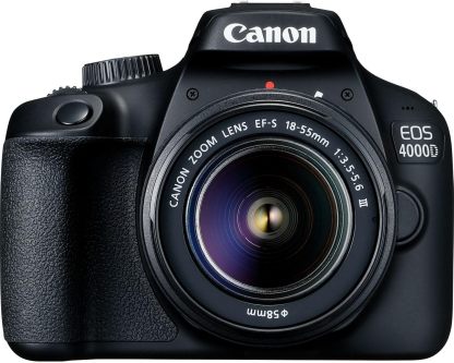 Cámara Canon EOS 4000D con Lente EF-S 18-55mm f/3.5-5.6 III y Accesorios Profesionales: Batería de Repuesto LPE10, Flash Esclavo, Bolsa Grande para Dispositivos en Negro
