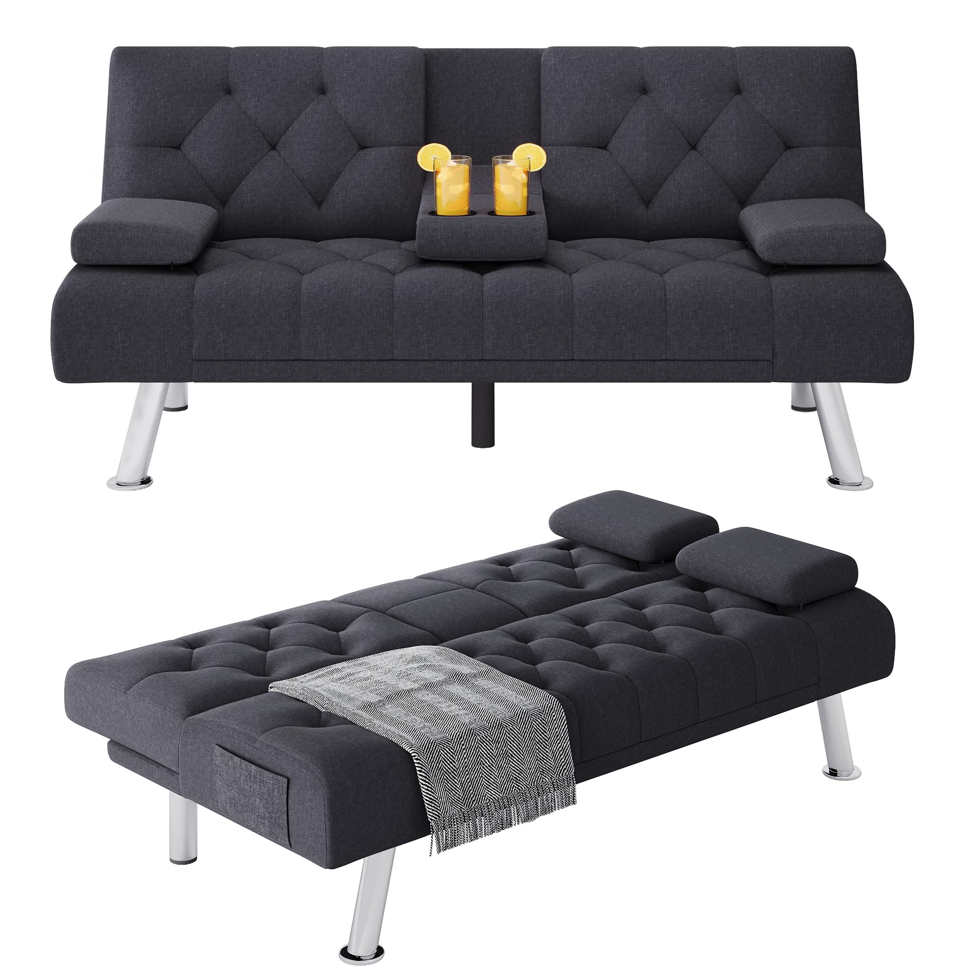 Homfa Sofá cama futón convertible, sofá cama plegable de 66.3 pulgadas con reposabrazos extraíbles y 2 portavasos para sala de estar, acabado gris