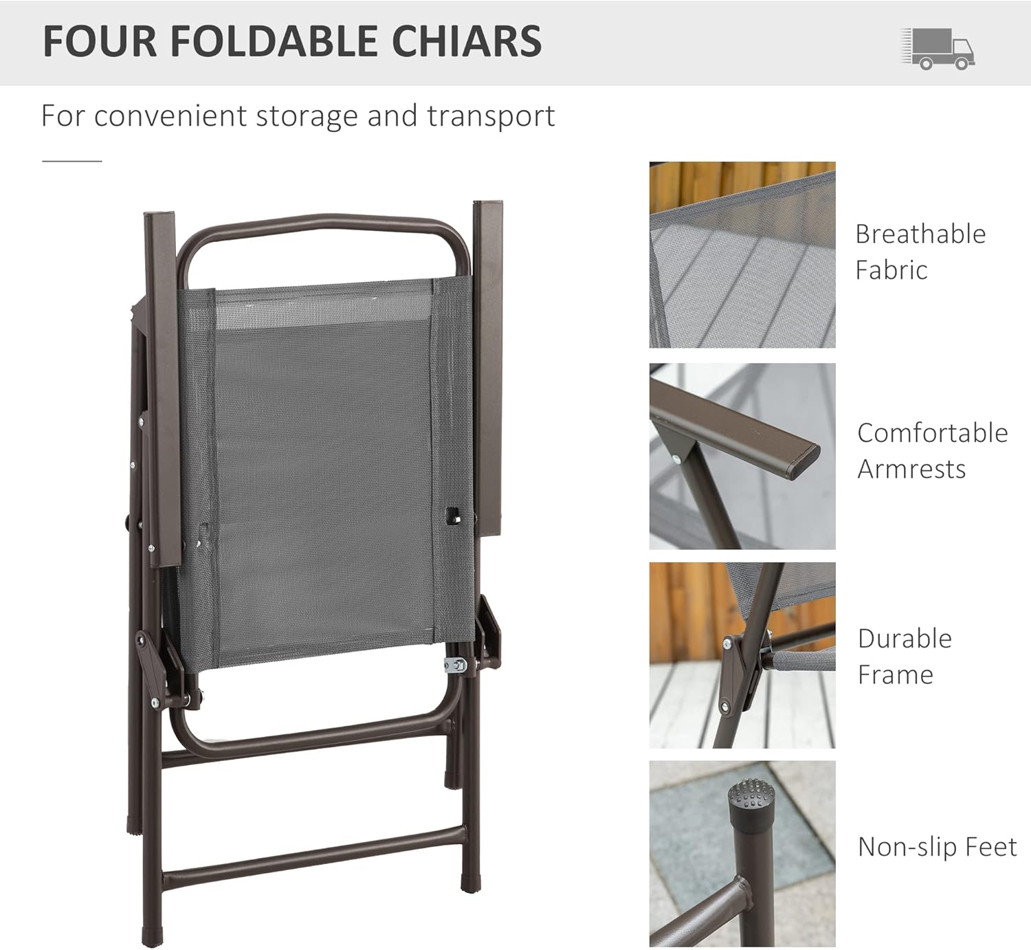 Outsunny - Juego de comedor de 6 piezas para 4 con paraguas, mesa y sillas al aire última intervensión con 4 sillas de comedor plegables y mesa redonda de vidrio para jardín, patio trasero y piscina