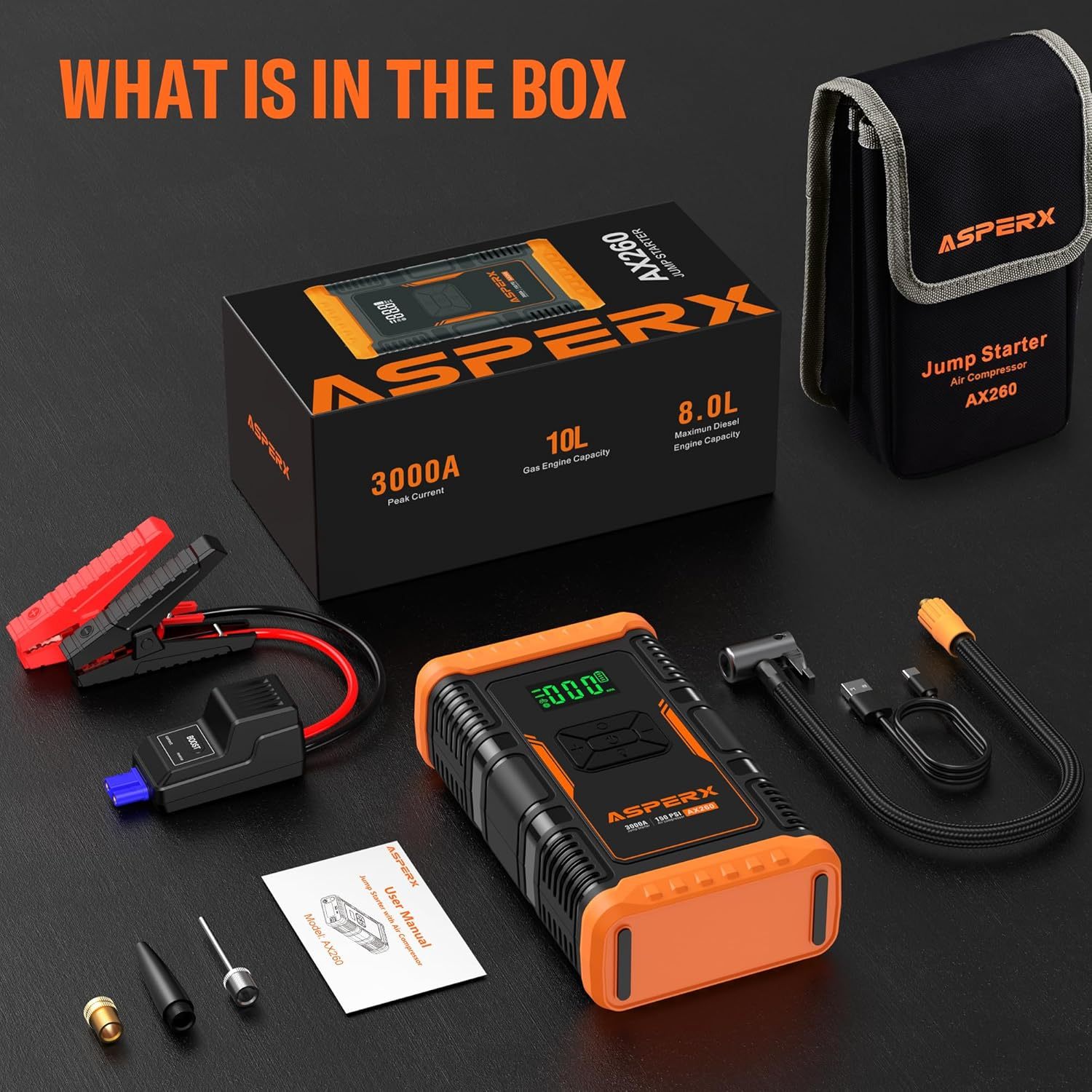 AsperX Arrancador de batería con compresor de Aire 150PSI, Arrancador de batería Portátil de 3000 A 12 V para Motor de Gasolina de hasta 10,0 l o diésel de 8.0 l, con Pantalla 3,4 Pulgadas, luz LED