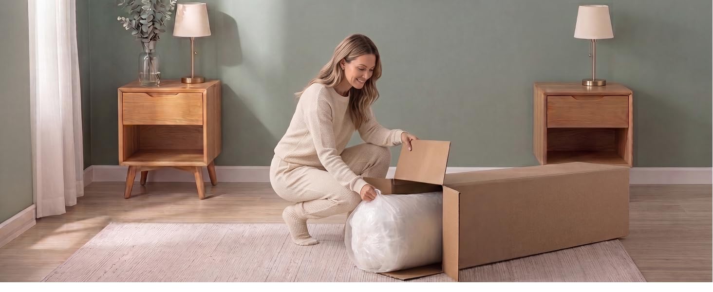 Woman unboxing the mattress in a box designed for easy unboxing and hassle free setup 