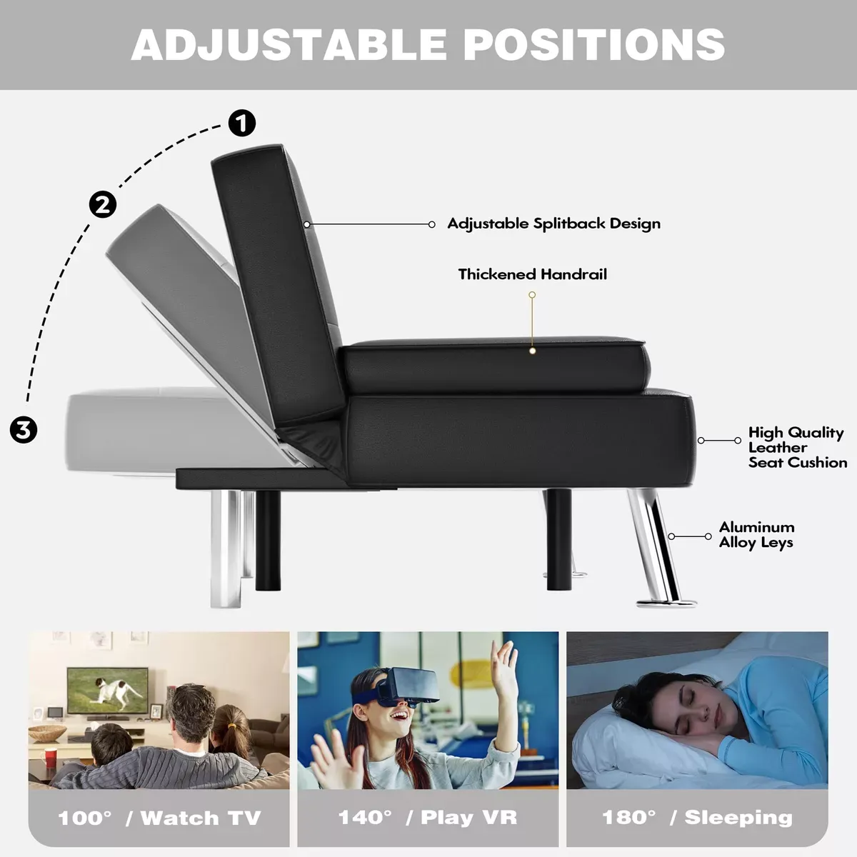 Sofá cama futón plegable portavasos de piel sintética marrón