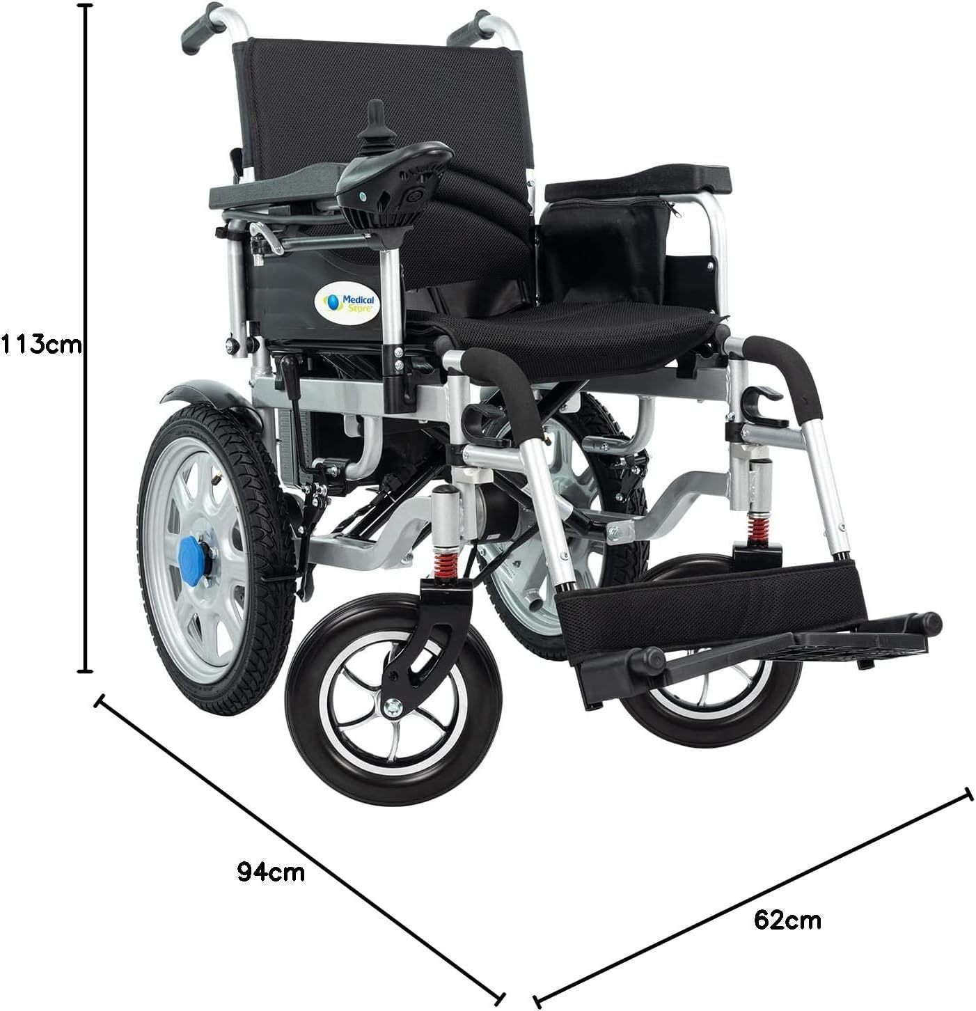 Medical Store de Lujo Silla De Ruedas Eléctrica, Modelo 101GMS, Silla Plegable de Acero de Alta Resistencia, Color Negro, Incluye Cinturón de seguridad y Control Joystick.