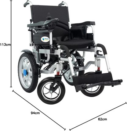 Medical Store de Lujo Silla De Ruedas Eléctrica, Modelo 101GMS, Silla Plegable de Acero de Alta Resistencia, Color Negro, Incluye Cinturón de seguridad y Control Joystick.