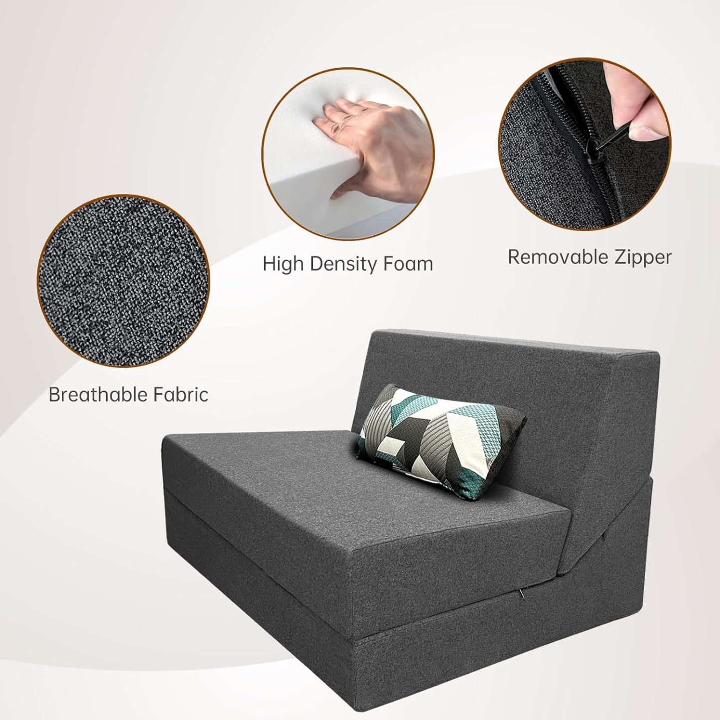 Nigoone - Sofá plegable tamaño Queen de espuma viscoelástica con 2 almohadas, sillón perezoso, triple futón, camas convertibles, funda lavable, gris oscuro