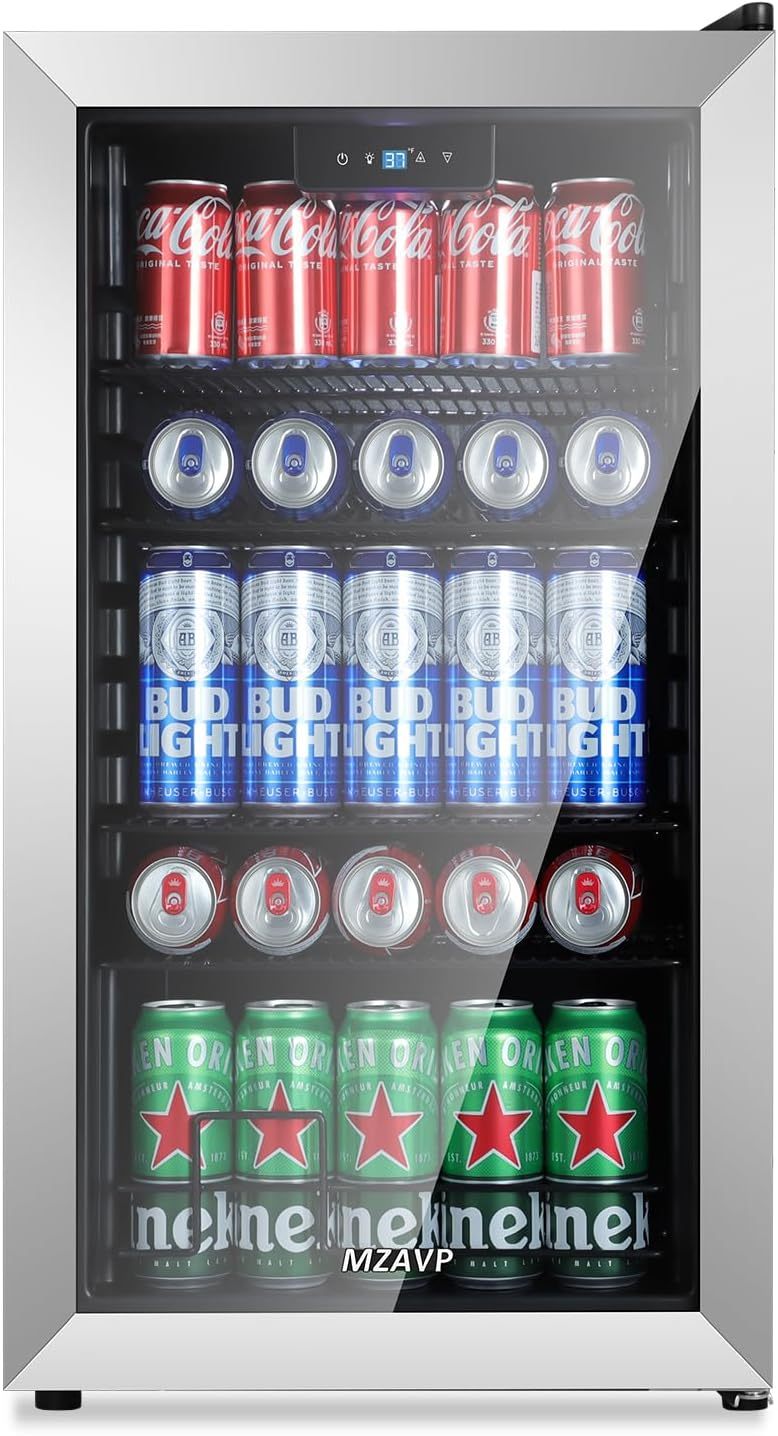 MZAVP - Refrigerador de bebidas con 120 latas, no empotrado o integrado para bebidas con puerta de vidrio, mini refrigerador de cerveza para oficina o bar, luz indicadora blanca y puerta reversible