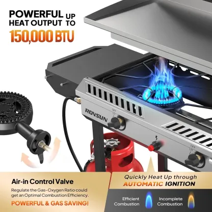Estufa de gas propano para exteriores de 2/3 quemadores con plancha, encendido automático, regulador y estantes laterales; potente cocina con soporte de 150.000/225.000 BTU, ideal para cocinar en el patio trasero, elaboración casera de bebidas, envasado,