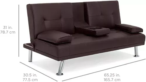 Sofá cama futón plegable portavasos de piel sintética marrón