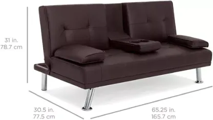 Sofá cama futón plegable portavasos de piel sintética marrón