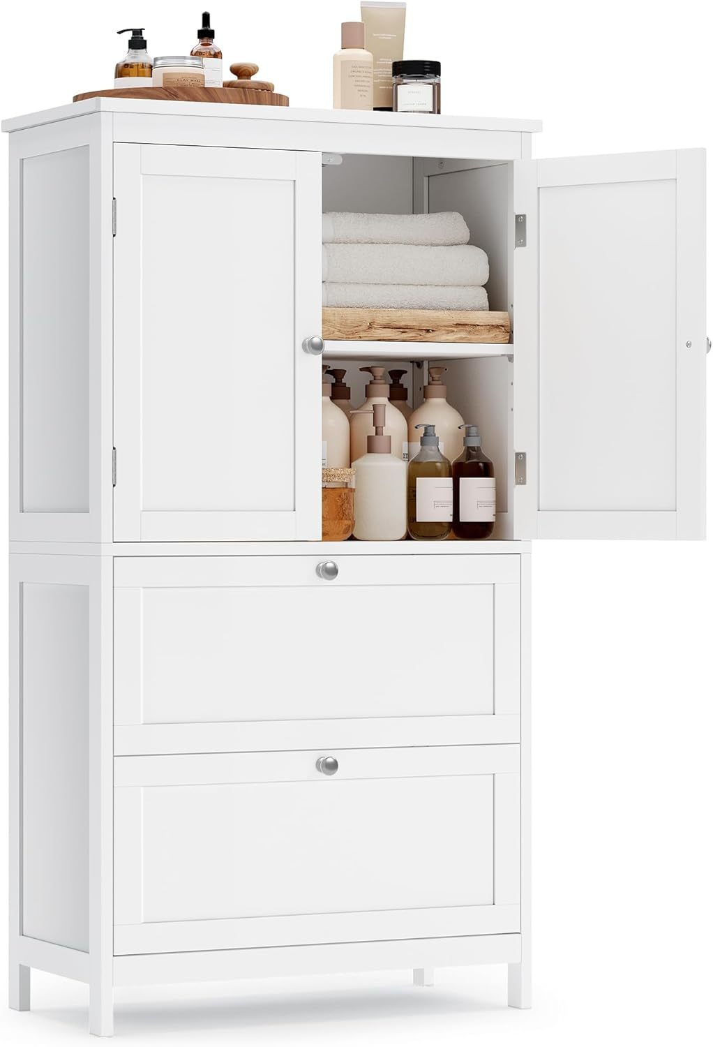 VASAGLE Mueble de Baño, Armario de Baño, Armario de Cocina, con 2 Puertas y 2 Cajones, Estantes Ajustables, 30 x 60 x 110 cm, Gris Paloma MBBC551G02