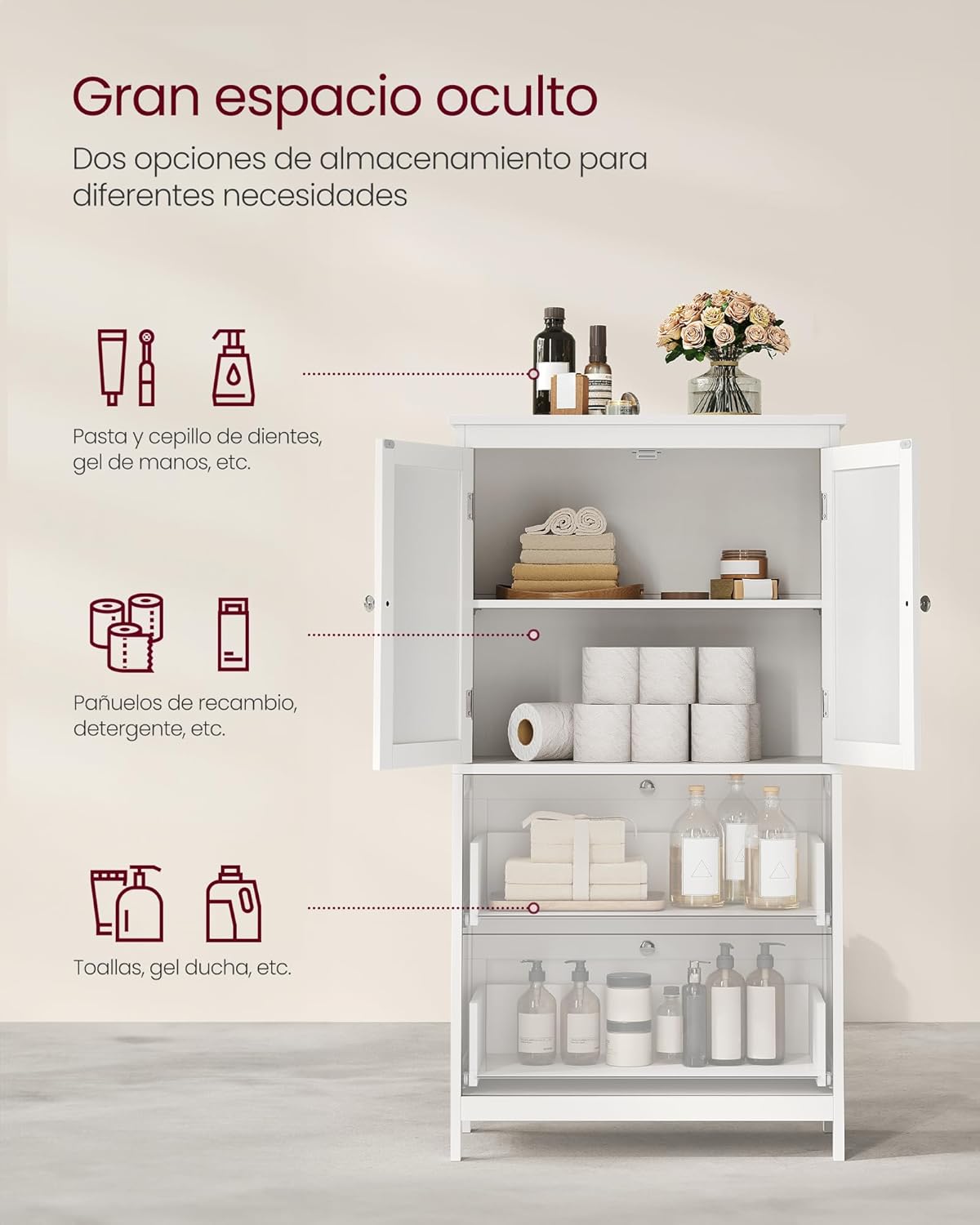VASAGLE Mueble de Baño, Armario de Baño, Armario de Cocina, con 2 Puertas y 2 Cajones, Estantes Ajustables, 30 x 60 x 110 cm, Gris Paloma MBBC551G02