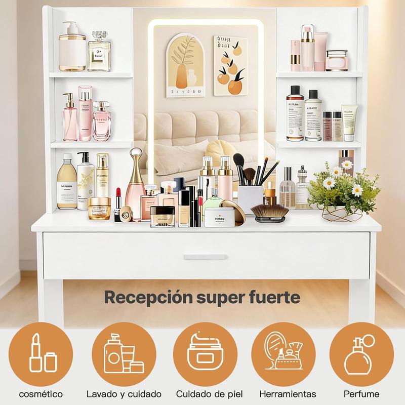 Tocador Moderno con Espejo, Mesa de Maquillaje con Cajón y Estantes, Organizador de Cosméticos para Dormitorio, Blanco
