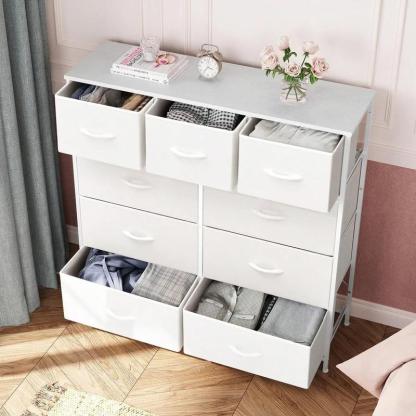 Cómoda Alta de 9 Cajones para Recámara y Closet, Mueble Organizador de Ropa y Juguetero para Bebé, Cajonera de Tela con Estante de Madera, Torre de Almacenamiento Vertical (Blanco)