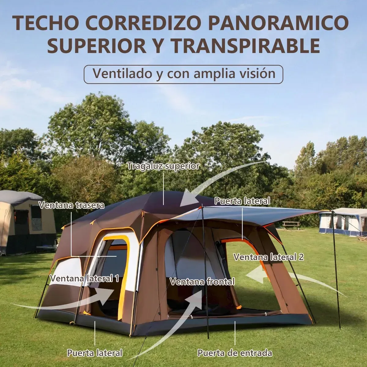 Casa De Campaña Grandes 7 A 10 Personas Tienda FUNJN Casa De Acampar Grande Impermeable Fácil Instalar Gran Espacio Color Marrón