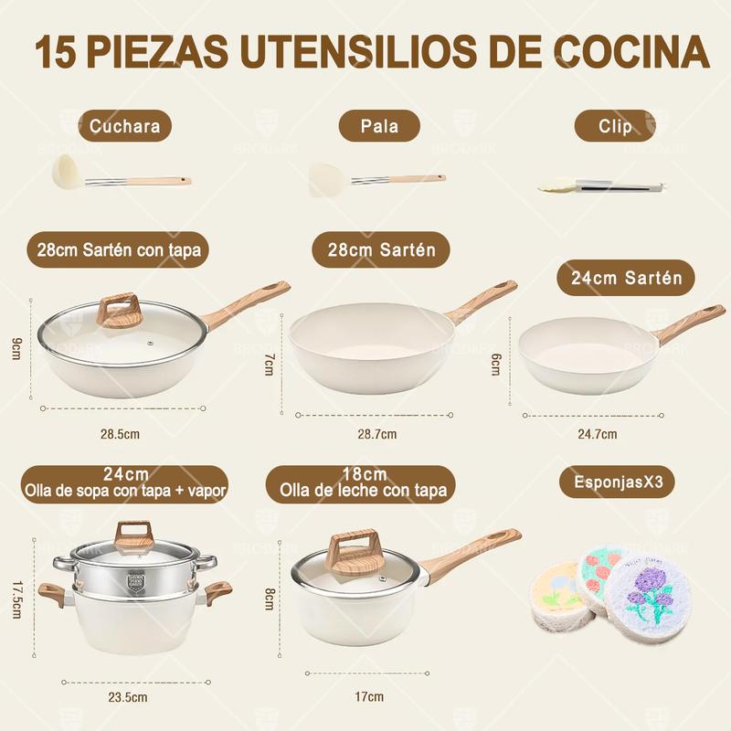BRODARK Juego de 15 piezas de ollas y sartenes, con sartenes antiadherentes de cerámica en blanco y negro, compatible con placas de inducción, con manijas con impresión de madera, tapas de vidrio, incluye una cazuela de caldo y un sartén, y apto para horn