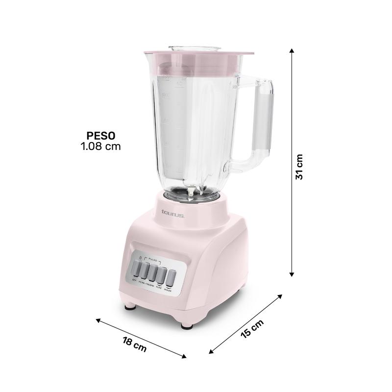 Licuadora Rosa Taurus Haley Ribbon, Potente 500W, ideal para smoothies y jugos, jarra de plástico de 1.65 L, compacta y Moderna