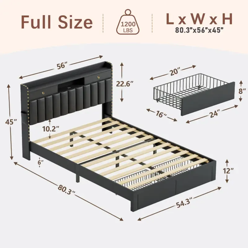 Estructura de cama TryLazy Furniture con 4 cajones y 2 puertos de carga USB y 1 puerto de carga tipo C, sin colchón, estructura de cama tapizada con cabecero con almacenamiento, no requiere somier, fácil montaje, tamaño matrimonial/queen/king.