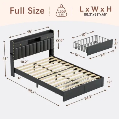Estructura de cama TryLazy Furniture con 4 cajones y 2 puertos de carga USB y 1 puerto de carga tipo C, sin colchón, estructura de cama tapizada con cabecero con almacenamiento, no requiere somier, fácil montaje, tamaño matrimonial/queen/king.