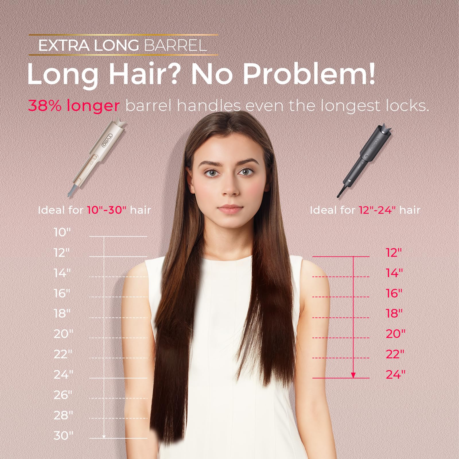 TYMO CurlPro Plus Automatic Rotating Curling Iron - Upgraded Long Barrel Curling Wand for Long Hair, Ceramic Hair Curler for Women, Anti-Scald, Tangle-Free, 600M Ionic, Dual Voltage, Gold, 1 Inch