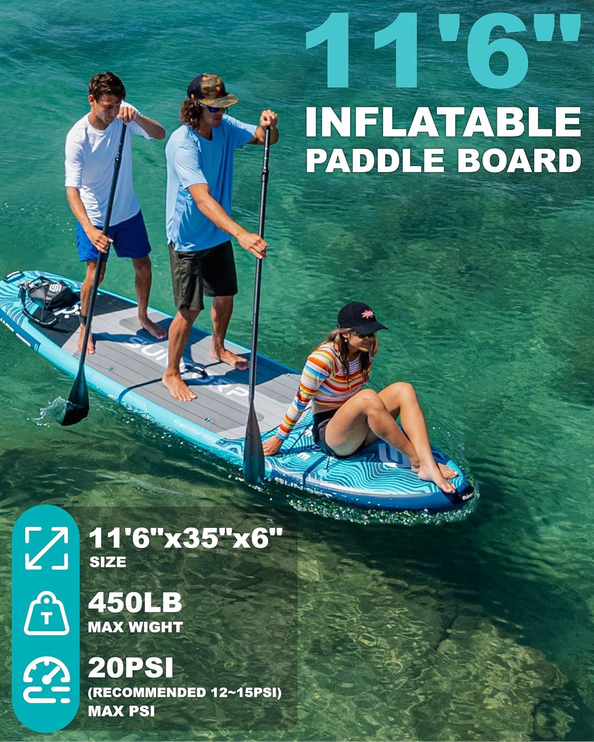 Tabla de paddle surf inflable Suncorp de 3,55 m x 89 cm, paquete de 2 (rosa y azul) – Tablas de paddle surf premium, capacidad de 204 kg, kit completo, mochila de 100 L y bomba de doble acción.