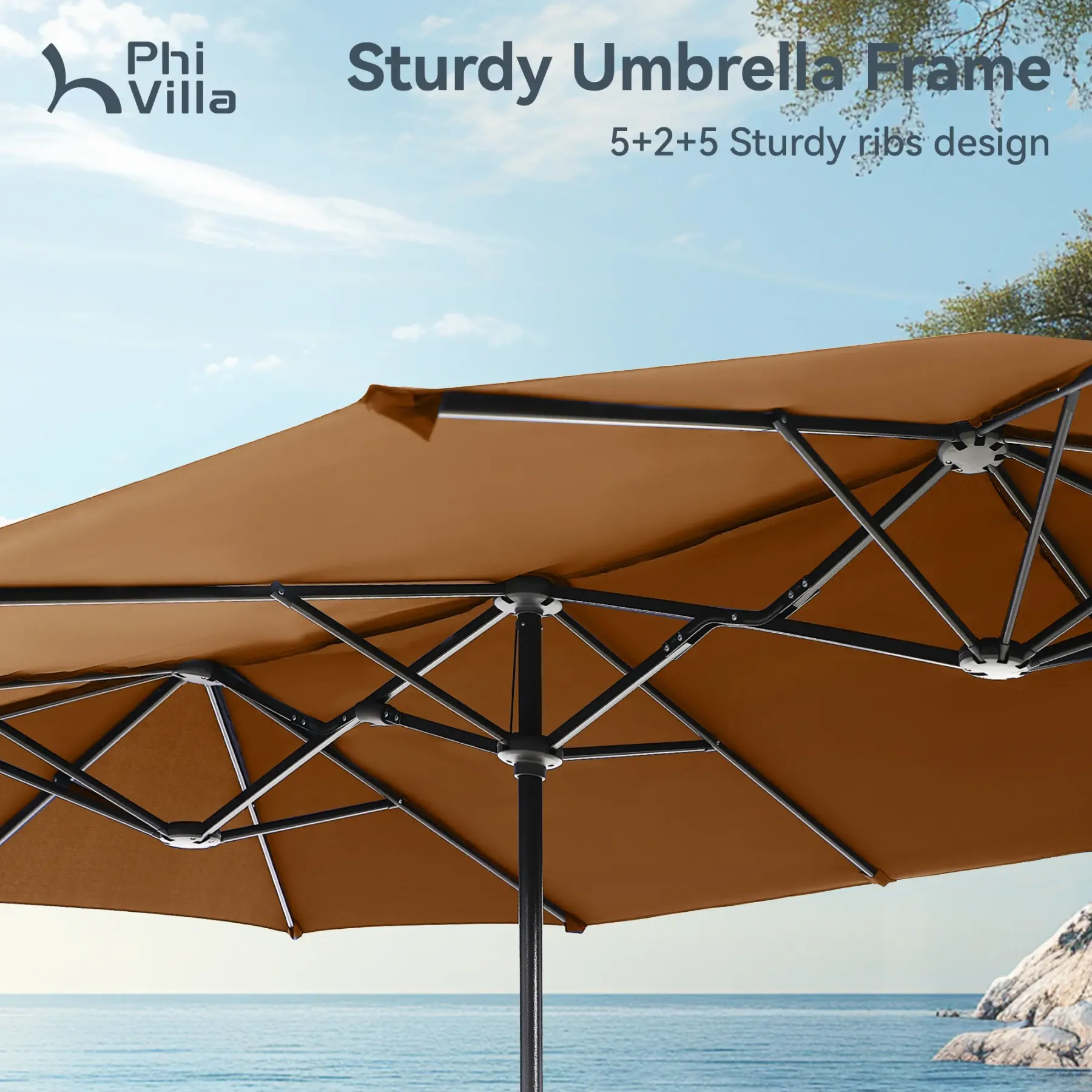 Sombrilla Solar para Patio de 15/13 pies con Base — Sombrilla Doble Extra Grande para Exteriores con 36 Luces LED y Manivela, Ideal para Jardín, Terraza, Piscina y Patio