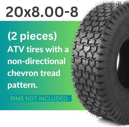 AR-PRO Paquete de 2 neumáticos para cortacésped de 20 x 8.00-8 (4 capas sin cámara), neumáticos sin cámara de repuesto para cortacésped, carritos de golf y ATV, llanta no incluida