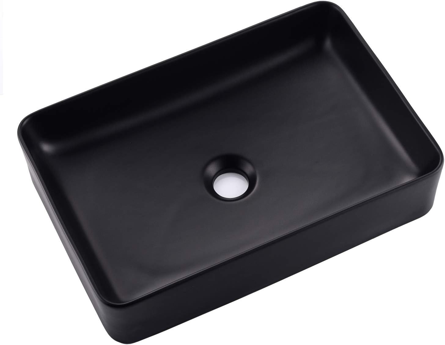 VOKIM - Conjunto de fregadero y llave de baño de 20 x 14 pulgadas, rectángulo moderno sobre el mostrador, porcelana negra, lavabo de cerámica y llave de bronce aceitado