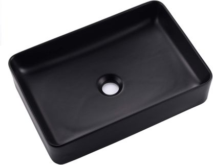 VOKIM - Conjunto de fregadero y llave de baño de 20 x 14 pulgadas, rectángulo moderno sobre el mostrador, porcelana negra, lavabo de cerámica y llave de bronce aceitado