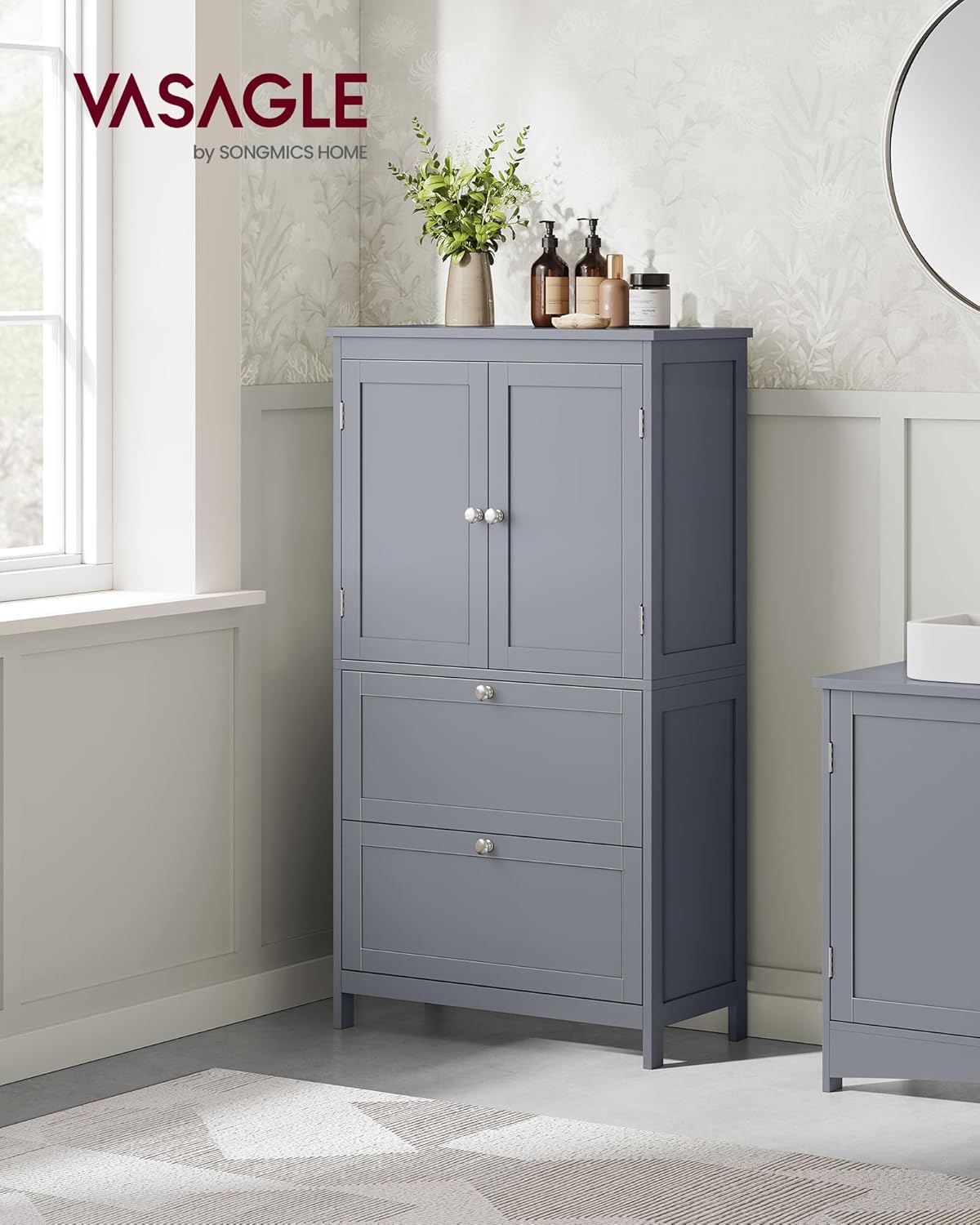 VASAGLE Mueble de Baño, Armario de Baño, Armario de Cocina, con 2 Puertas y 2 Cajones, Estantes Ajustables, 30 x 60 x 110 cm, Gris Paloma MBBC551G02
