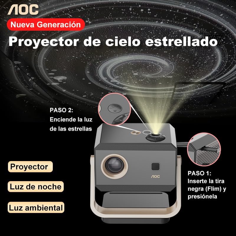 AOC Proyector portátil 4K Full HD,Enfoque automático,corrección Trapezoidal y ángulo Ajustable,con WiFi6 y Bluetooth,15000 lúmenes,Compatible con iOS,Android,PC,PS4 y PS5 para Trabajar y Jugar