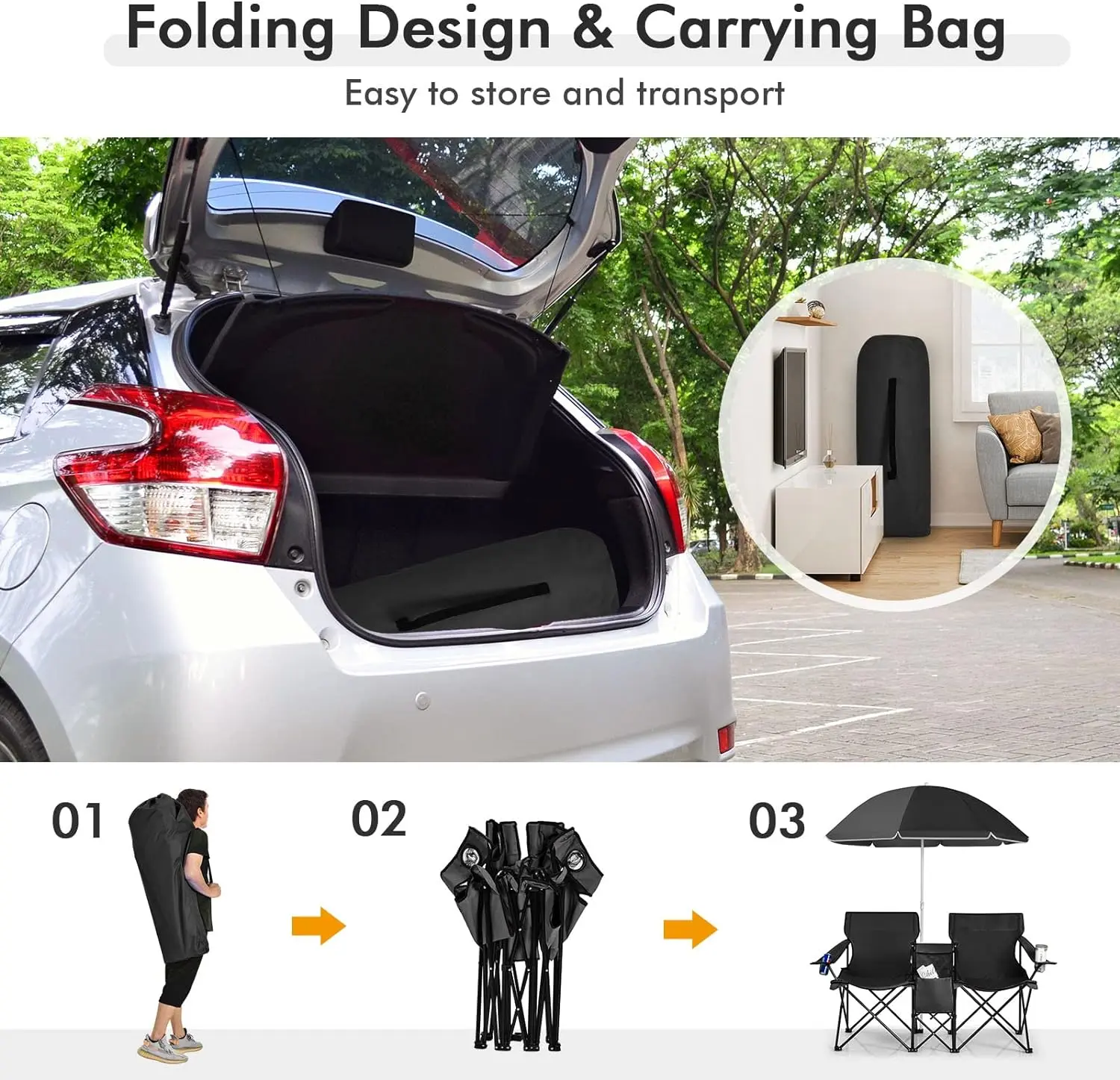Sillas de pícnic dobles portátiles, sillas de camping plegables con sombrilla desmontable, bolsa térmica y portavasos; sillas para patio, playa y camping, ideales para actividades al aire libre y la temporada de fútbol y béisbol.
