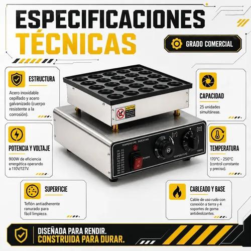 Maquina Electrica para Mini Hotcakes Gutstark 25 Piezas | Parrilla Antiadherente con Temporizador y Control de Temperatura | Ideal para Negocio Cafeteria y Casa | Acero Inoxidable 900W Mini Pancakes