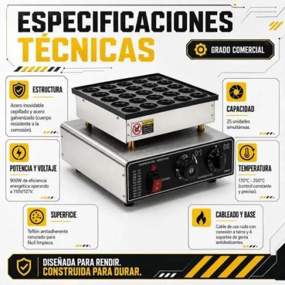 Maquina Electrica para Mini Hotcakes Gutstark 25 Piezas | Parrilla Antiadherente con Temporizador y Control de Temperatura | Ideal para Negocio Cafeteria y Casa | Acero Inoxidable 900W Mini Pancakes