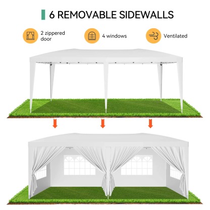 Carpa plegable resistente de 10x20 pies: cenador impermeable con 6 paredes laterales desmontables, 3 alturas ajustables y montaje rápido; incluye 18 estacas y 6 cuerdas. Ideal para fiestas, eventos, patios y jardines.
